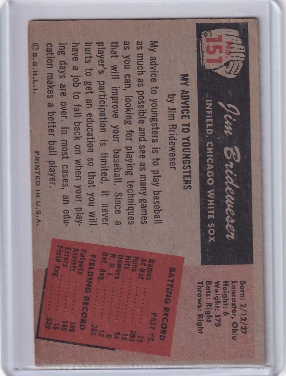 1955 Bowman Baseball #151 Jim Brideweser - Chicago White Sox - Baseball Card Single