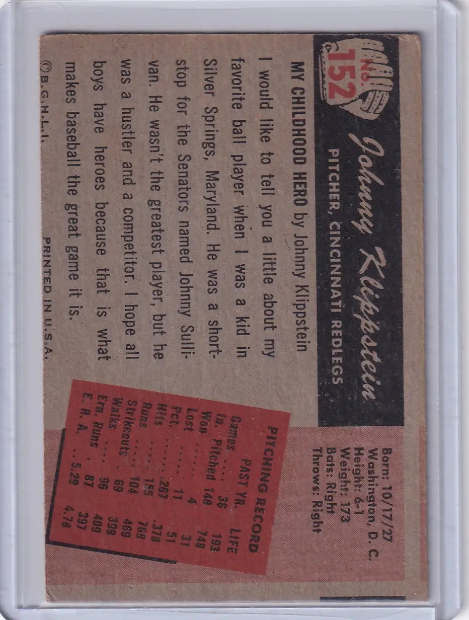 Reverse side of 1955 Bowman Baseball Johnny Klippstein Cincinnati Redlegs card with stats