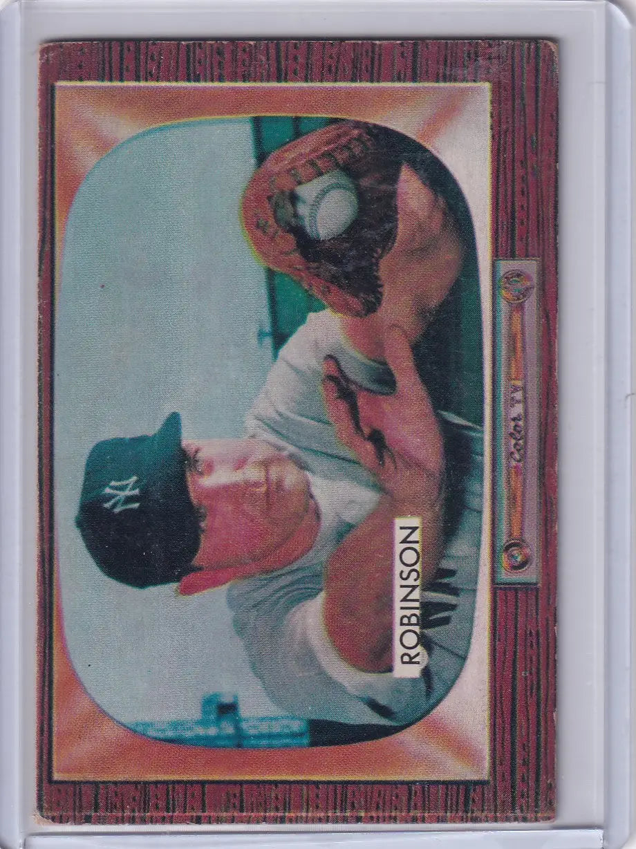 Bowman baseball card of Eddie Robinson with New York Yankees cap and glove