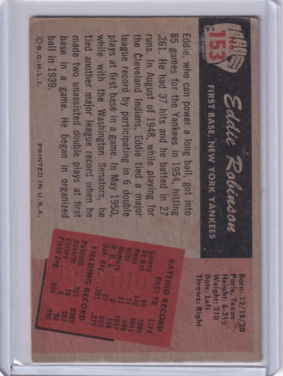 Vintage Bowman Baseball card featuring Eddie Robinson of the New York Yankees with career stats