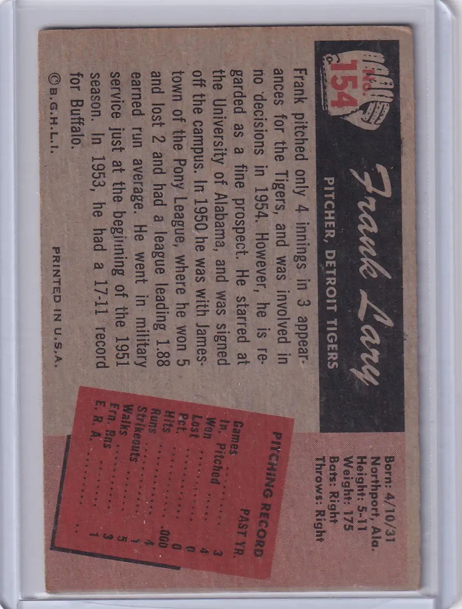 Vintage Bowman Baseball card of Frank Lary Detroit Tigers with career stats and bio