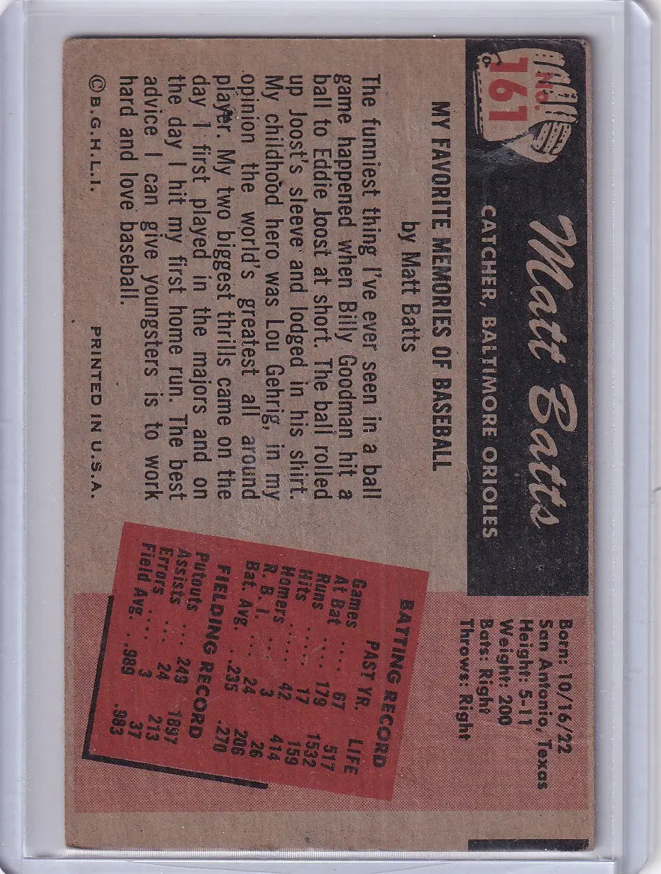1955 Bowman Baseball #161 Matt Batts - Baltimore Orioles - Baseball Card Single