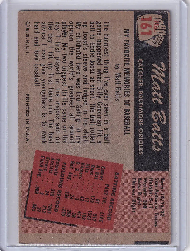 1955 Bowman Baseball #161 Matt Batts - Baltimore Orioles - Baseball Card Single