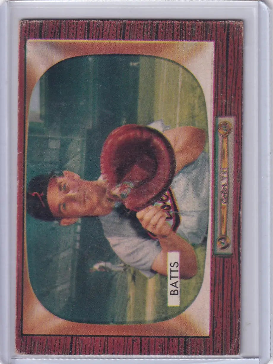 Baseball trading card featuring Matt Batts catching with a red mitt from Bowman Baseball