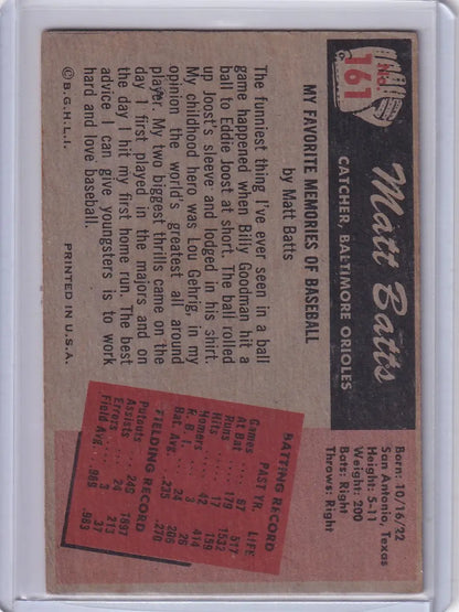 Vintage Bowman Baseball card of Matt Batts Baltimore Orioles with career stats and anecdotes