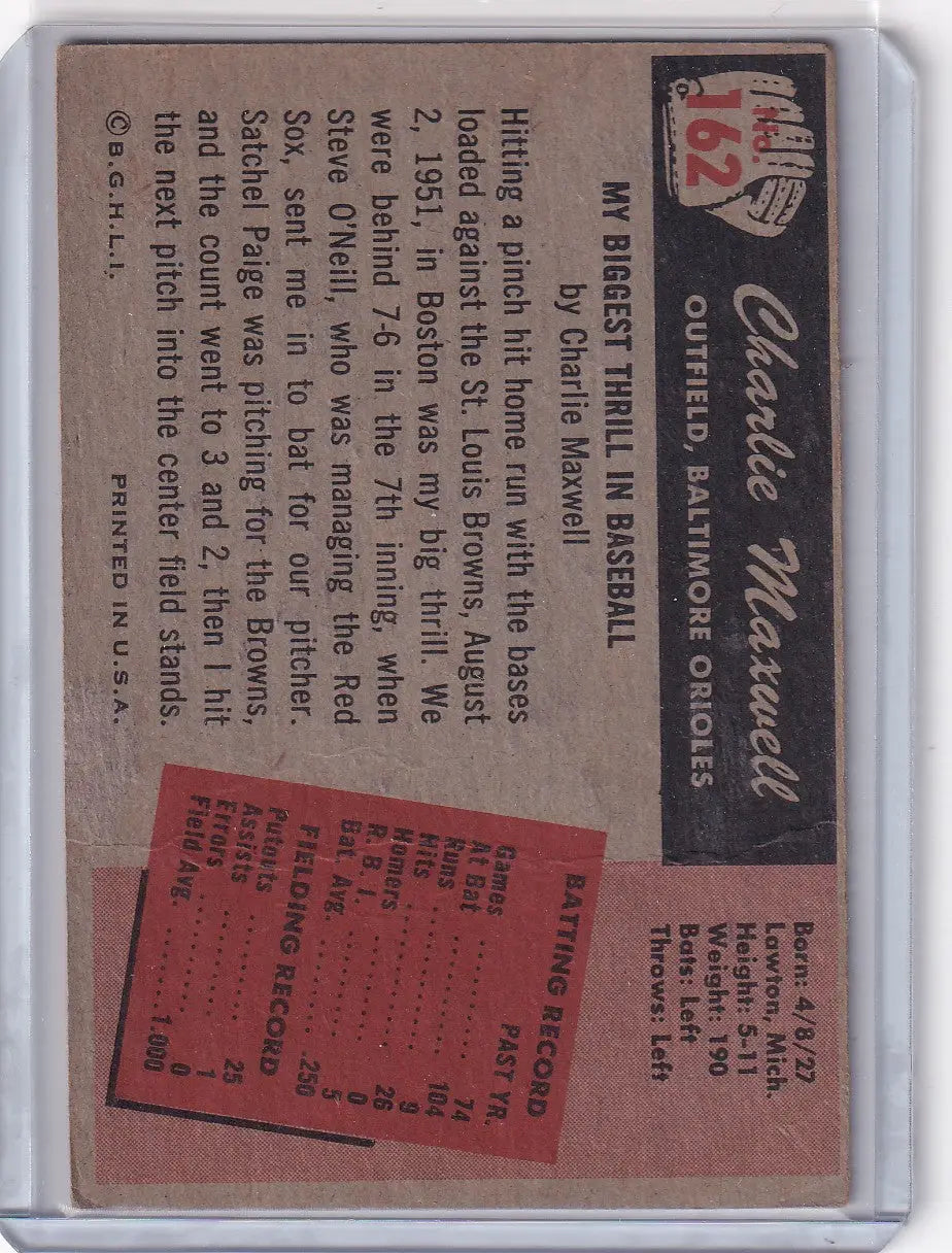 1955 Bowman Baseball #162 Charlie Maxwell - Baltimore Orioles - Baseball Card Single