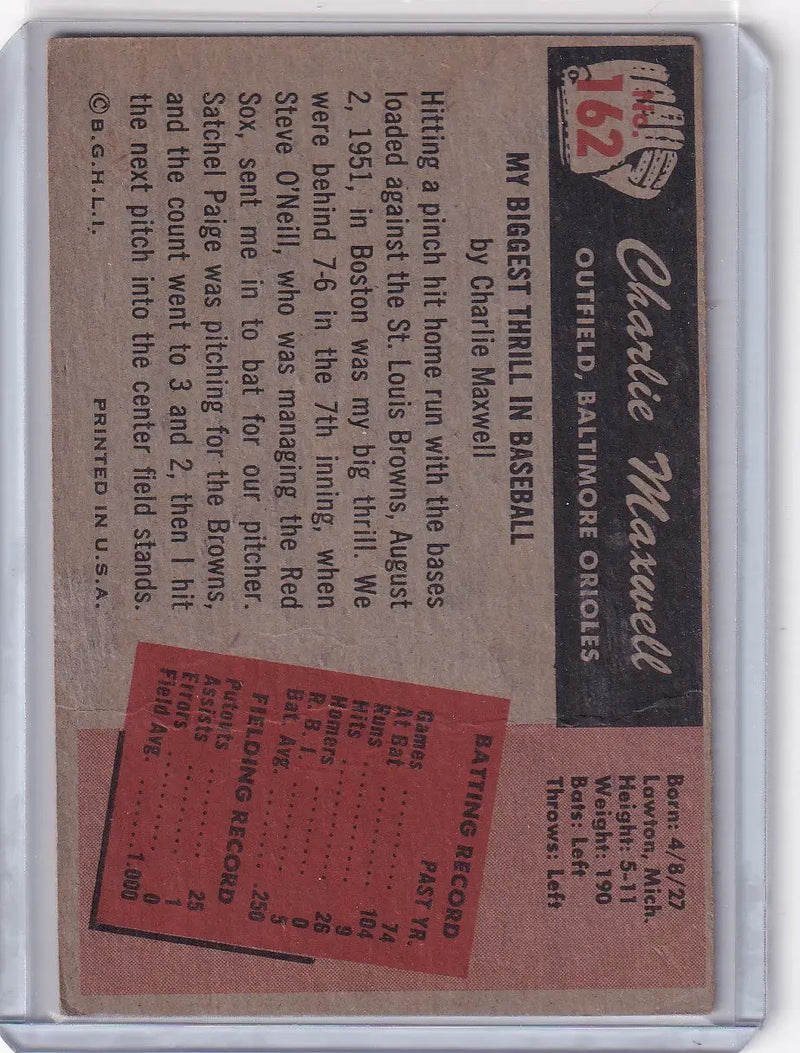 1955 Bowman Baseball #162 Charlie Maxwell - Baltimore Orioles - Baseball Card Single