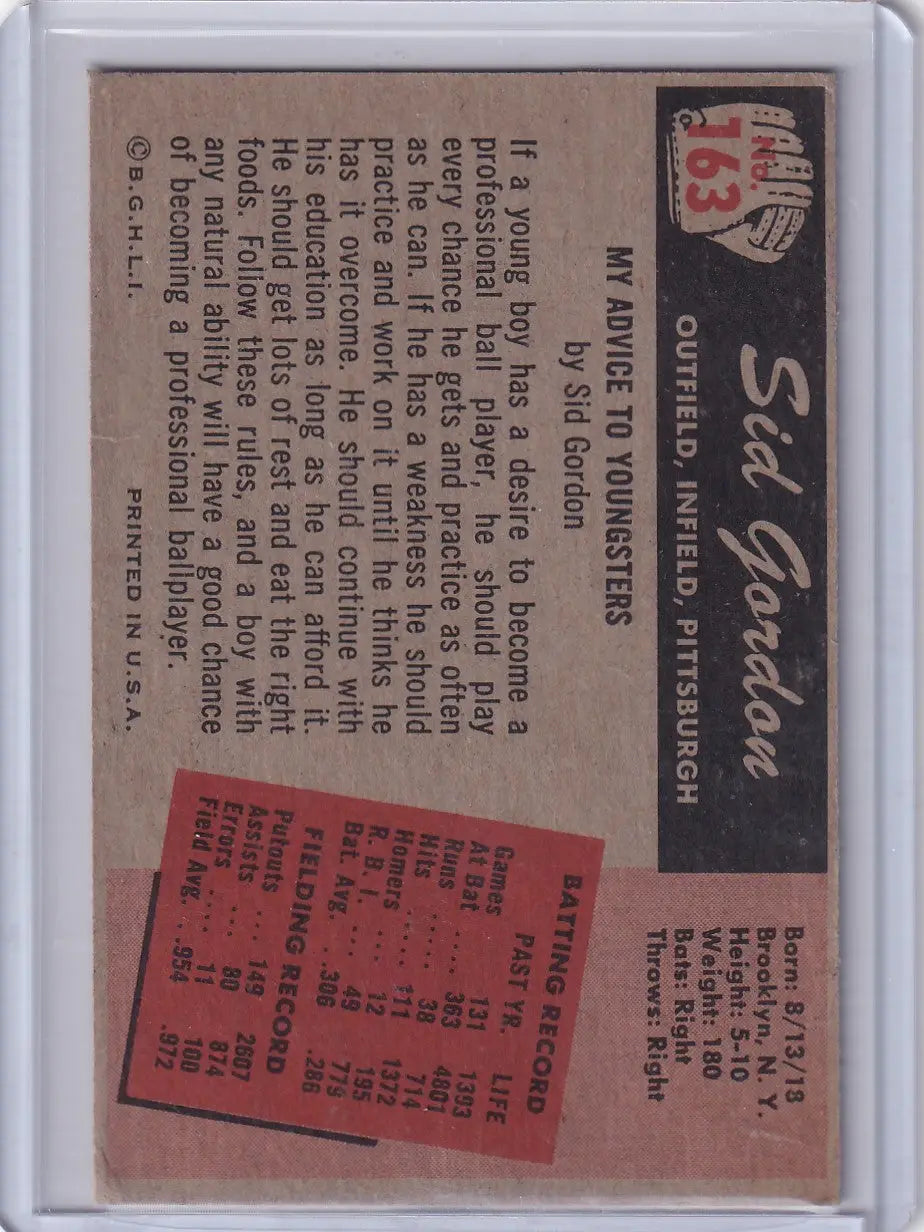 Vintage Sid Gordon baseball card from the 1955 Bowman Baseball set featuring Pittsburgh Pirates