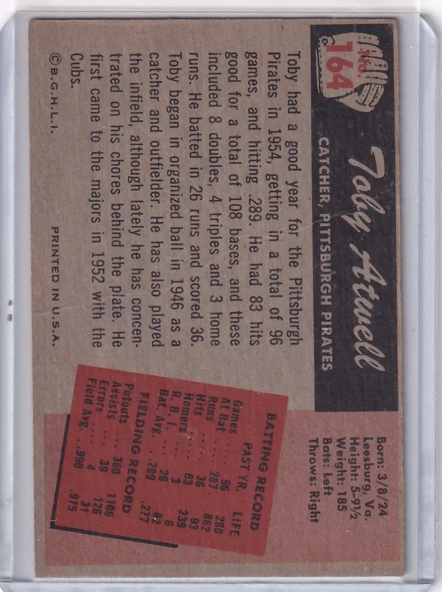 1955 Bowman Baseball #164 Toby Atwell - Pittsburgh Pirates - Baseball Card Single