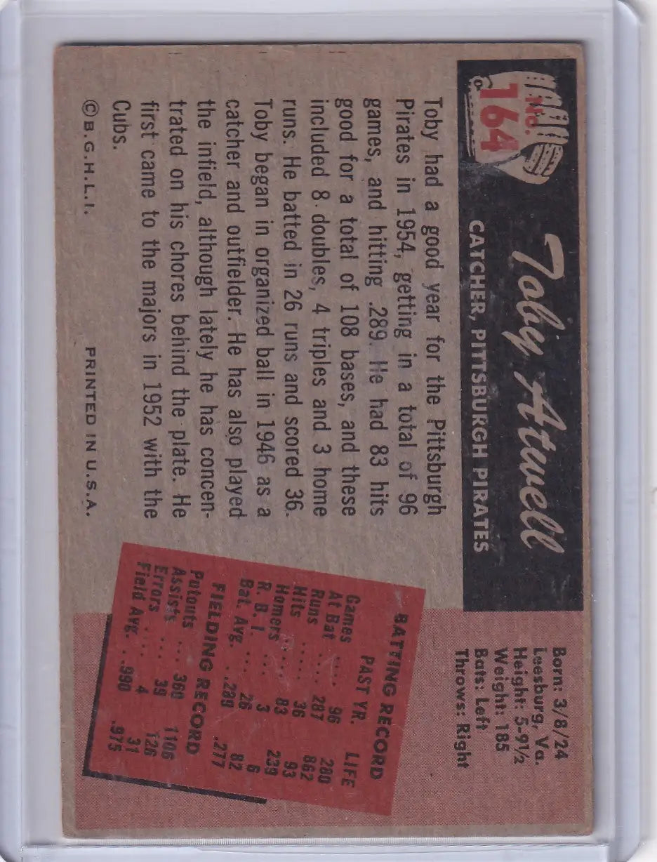 1955 Bowman Baseball #164 Toby Atwell - Pittsburgh Pirates