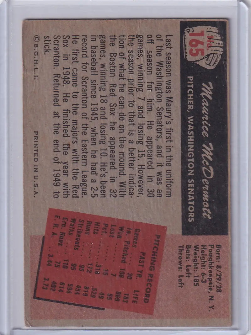 Vintage Bowman Baseball card of Maurice McDermott Washington Senators with stats and details