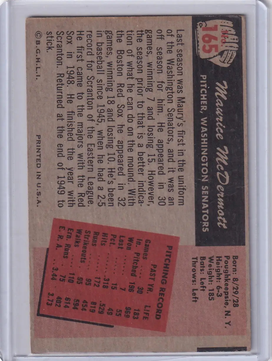 1955 Bowman Baseball #165 Maurice McDermott - Washington Senators - Baseball Card Single