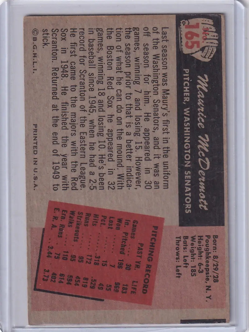 1955 Bowman Baseball #165 Maurice McDermott - Washington Senators - Baseball Card Single