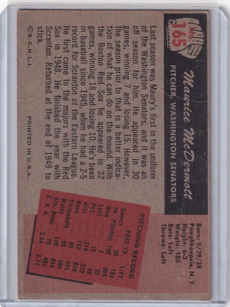 1955 Bowman Baseball #165 Maurice McDermott - Washington Senators - Baseball Card Single
