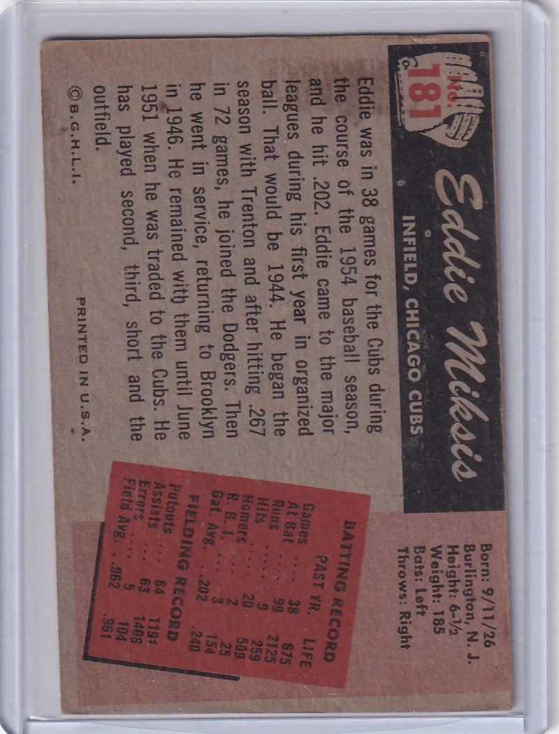 1955 Bowman Baseball #181 Eddie Miksis - Chicago Cubs - Baseball Card Single