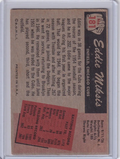 Vintage Bowman Baseball card back featuring Eddie Miksis stats and Chicago Cubs info