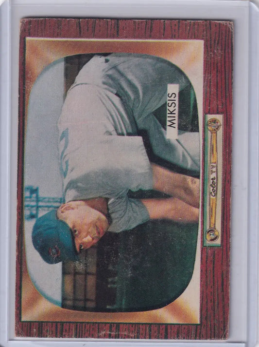 Vintage Bowman Baseball card of Eddie Miksis with Chicago Cubs and Color TV bat graphic