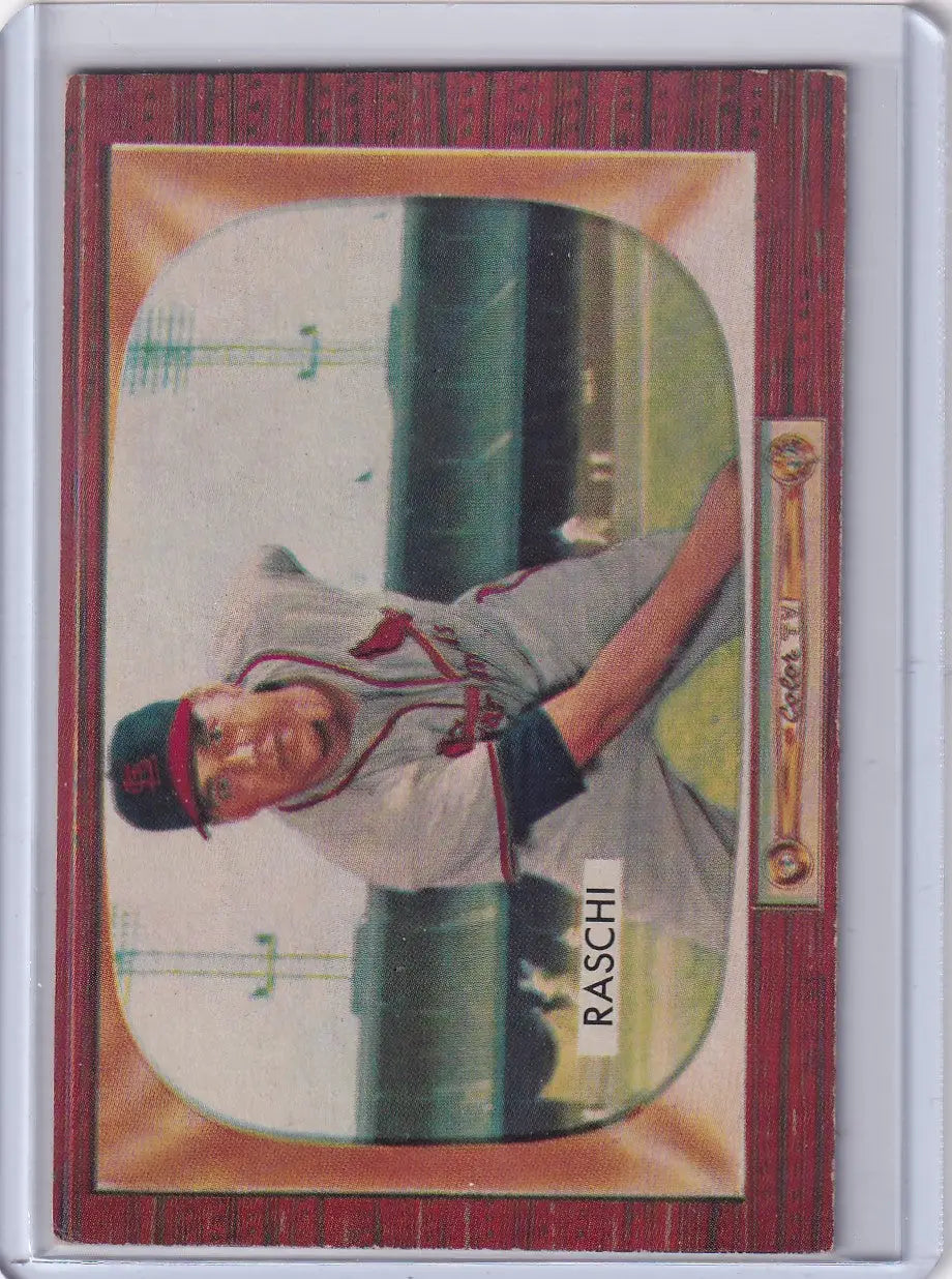 1955 Bowman Baseball Vic Raschi St. Louis Cardinals player pitching card image