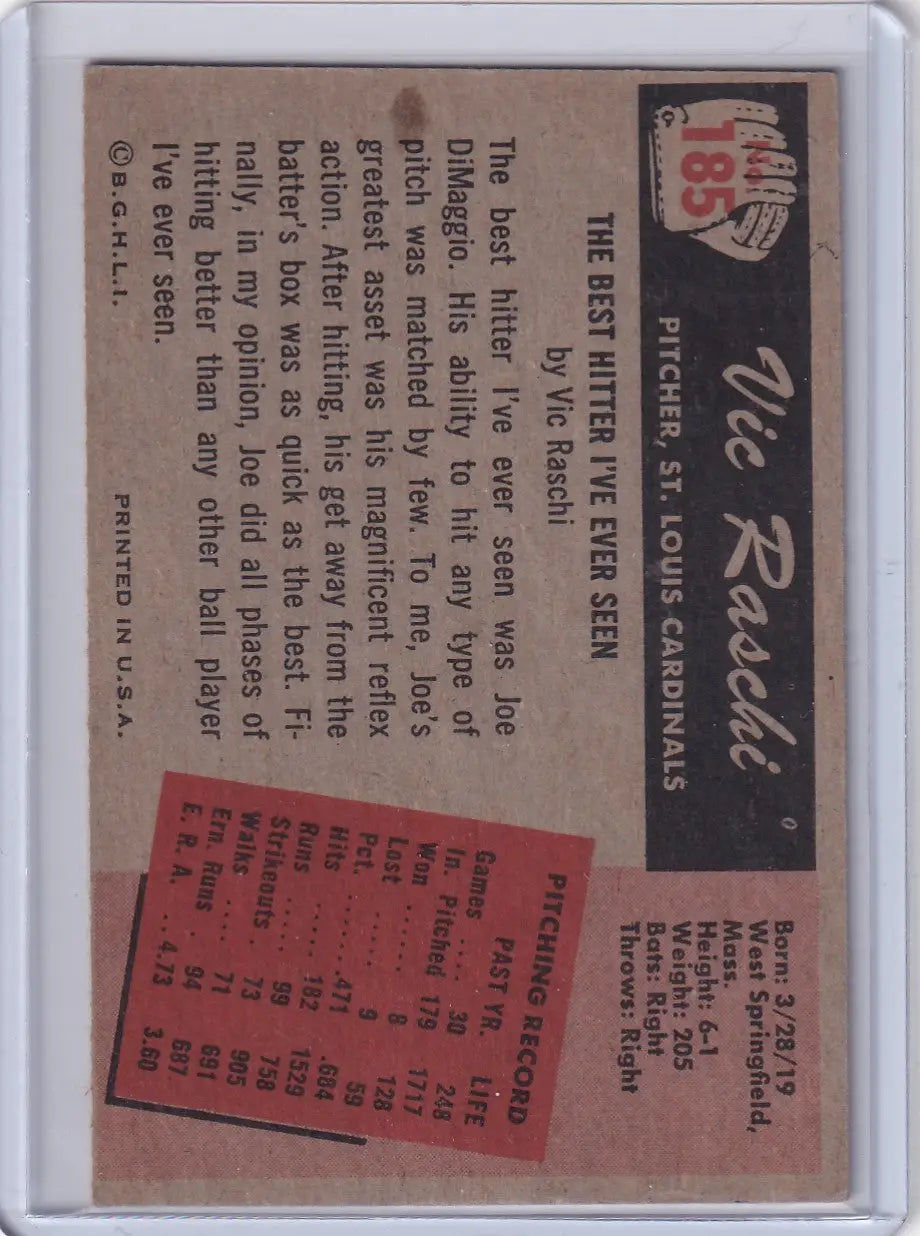 Vintage Bowman baseball card featuring Vic Raschi of the St. Louis Cardinals