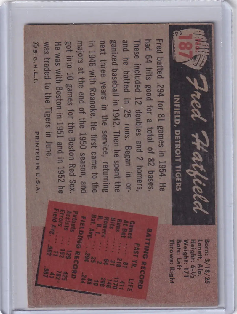 1955 Bowman Baseball #187 Fred Hatfield - Detroit Tigers - Baseball Card Single
