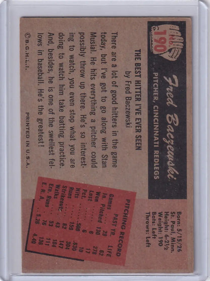 Baseball card of Fred Baczewski from Bowman Baseball series featuring Cincinnati Redlegs pitcher