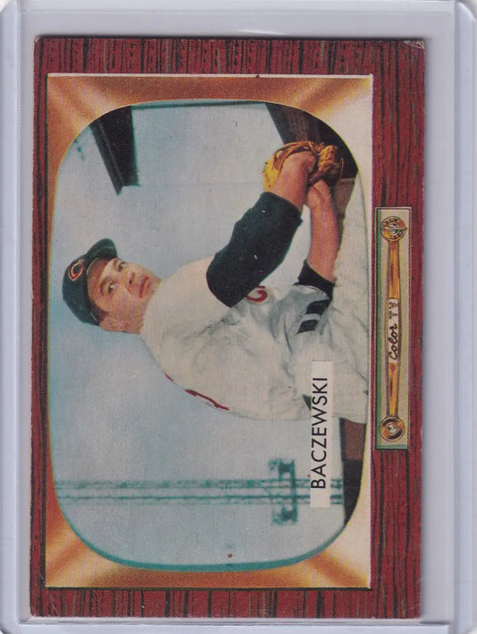 Vintage Bowman Baseball trading card of Fred Baczewski from Cincinnati Redlegs with wood grain border