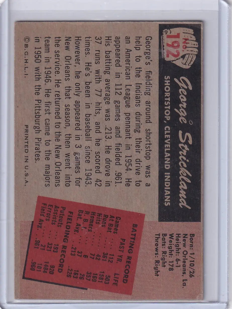 Vintage Bowman Baseball card featuring George Strickland of the Cleveland Indians