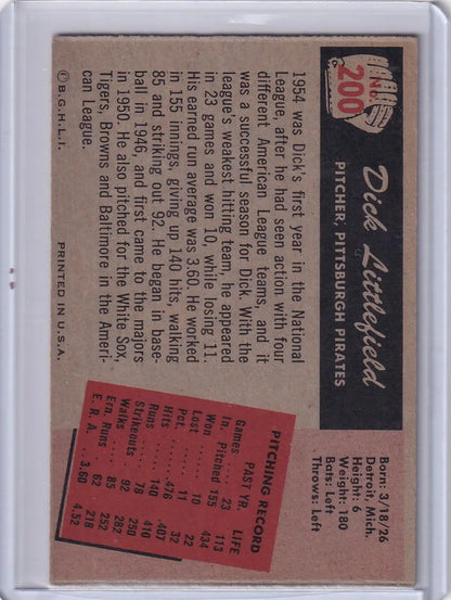Vintage Dick Littlefield baseball card from the 1955 Bowman Baseball Pittsburgh Pirates set