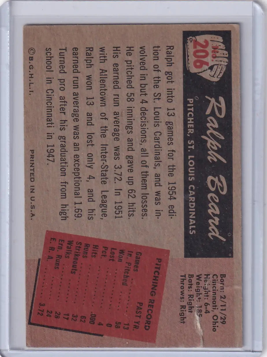 Vintage Ralph Beard Bowman Baseball card featuring Ralph Beard and St. Louis Cardinals