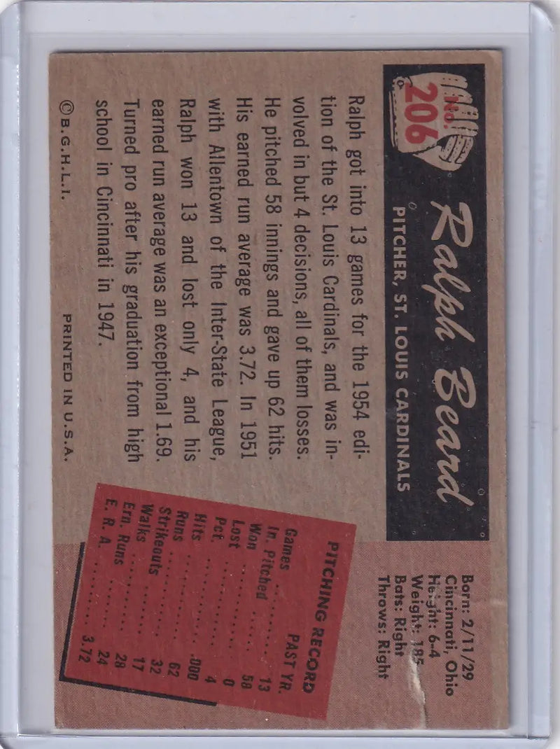 Vintage Ralph Beard Bowman Baseball card featuring Ralph Beard and St. Louis Cardinals