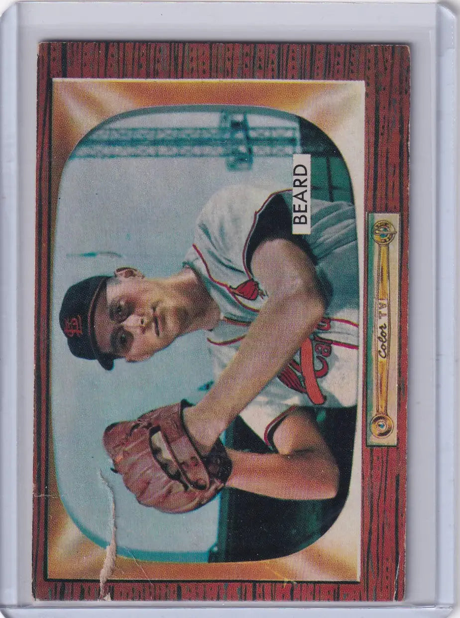 Worn Bowman baseball card of Ralph Beard, St. Louis Cardinals rookie keeper