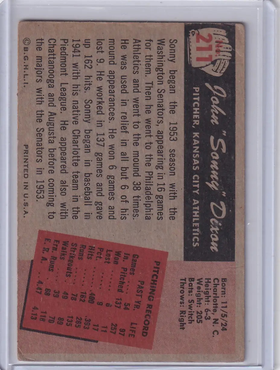 Vintage Bowman Baseball card of Sonny Dixon with Kansas City Athletics pitching stats