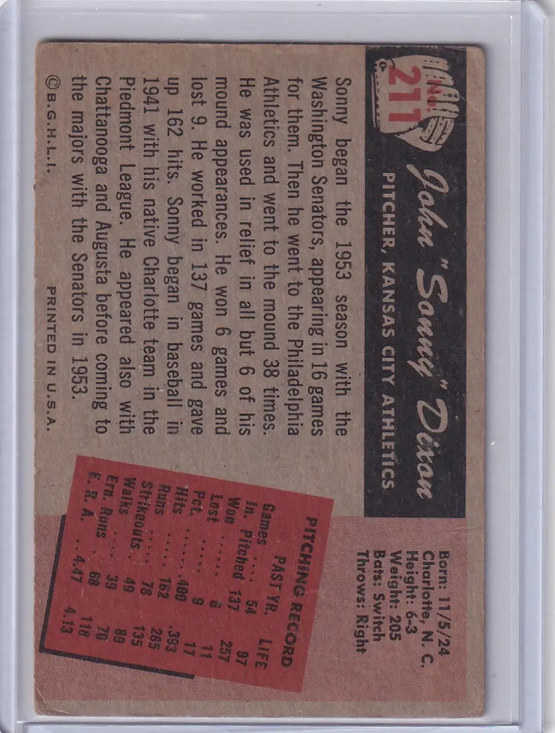 Vintage Bowman Baseball card of Sonny Dixon with Kansas City Athletics pitching stats