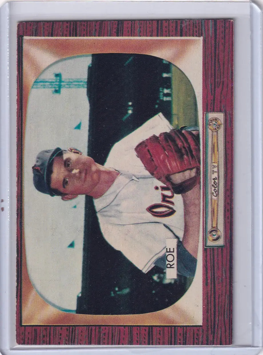 Baseball card featuring Preacher Roe in Baltimore Orioles uniform from 1955 Bowman Baseball