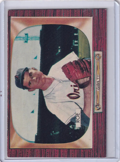 Baseball card featuring Preacher Roe in Baltimore Orioles uniform from 1955 Bowman Baseball
