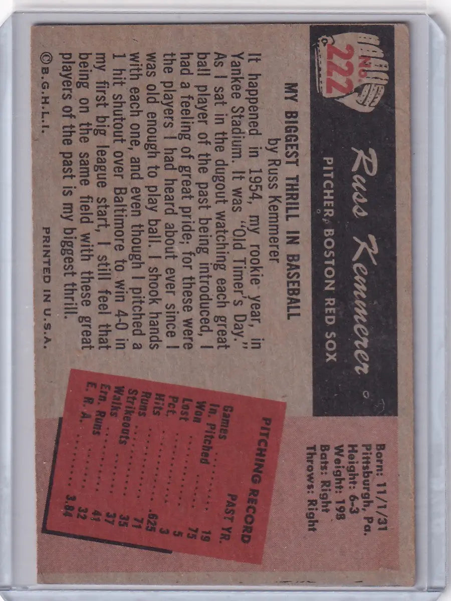 1955 Bowman Baseball #222 Russ Kemmerer - Boston Red Sox RC - Baseball Card Single