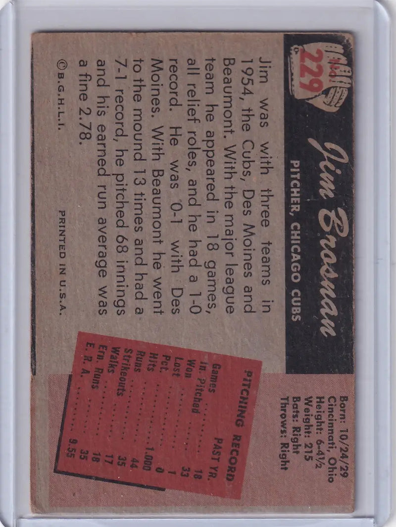 Vintage Bowman Baseball card of Jim Brosnan, Chicago Cubs pitcher, 1955 Bowman RC