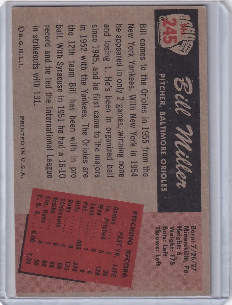 1955 Bowman Baseball #245 Bill Miller - Baltimore Orioles - Baseball Card Single