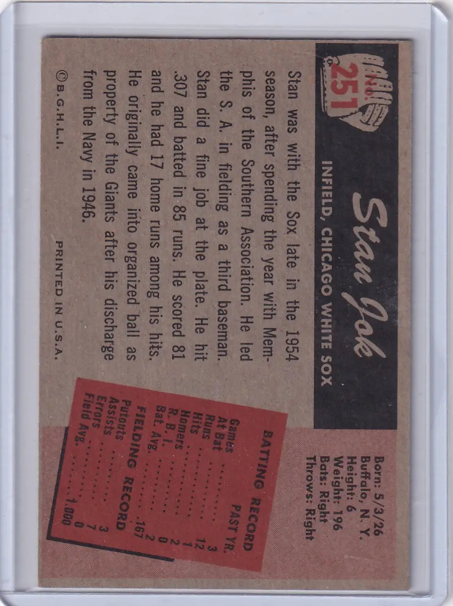 Vintage Stan Jok baseball card from 1955 Bowman Baseball featuring Chicago White Sox player