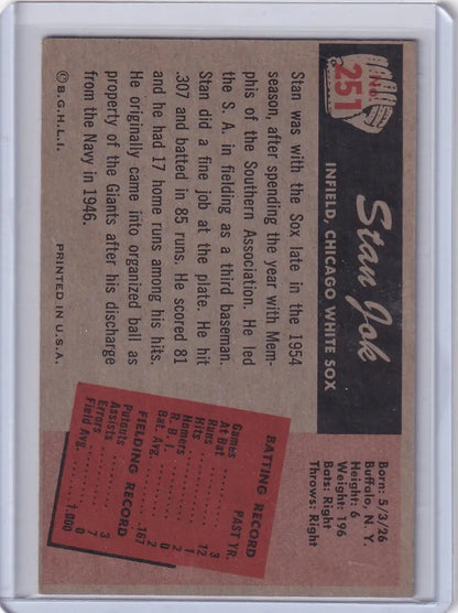 Vintage Stan Jok baseball card from 1955 Bowman Baseball featuring Chicago White Sox player