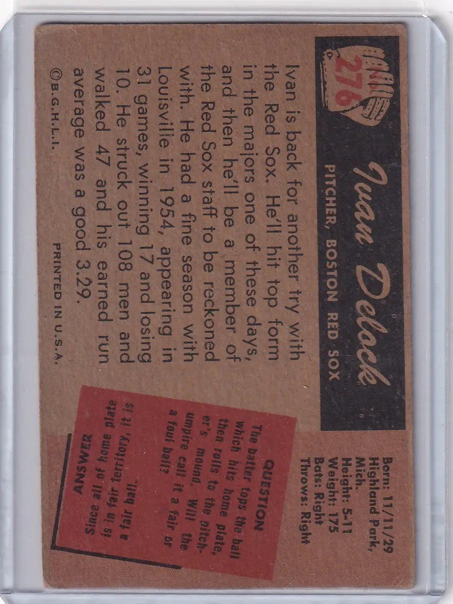 1955 Bowman Baseball #276 Ivan Delock - Boston Red Sox - Baseball Card Single