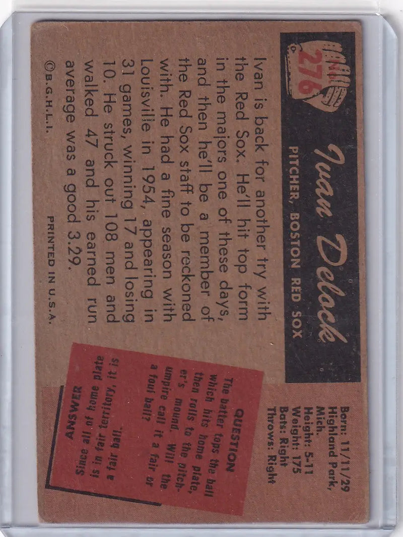 1955 Bowman Baseball #276 Ivan Delock - Boston Red Sox - Baseball Card Single