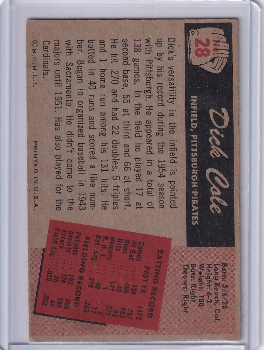 Vintage Dick Cole baseball card from the 1955 Bowman Baseball set of Pittsburgh Pirates