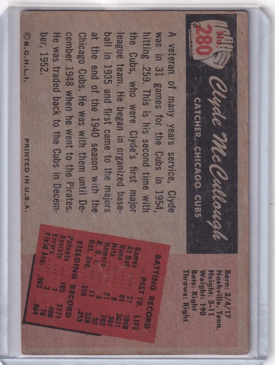 1955 Bowman Baseball #280 Clyde McCullough - Chicago Cubs - Baseball Card Single