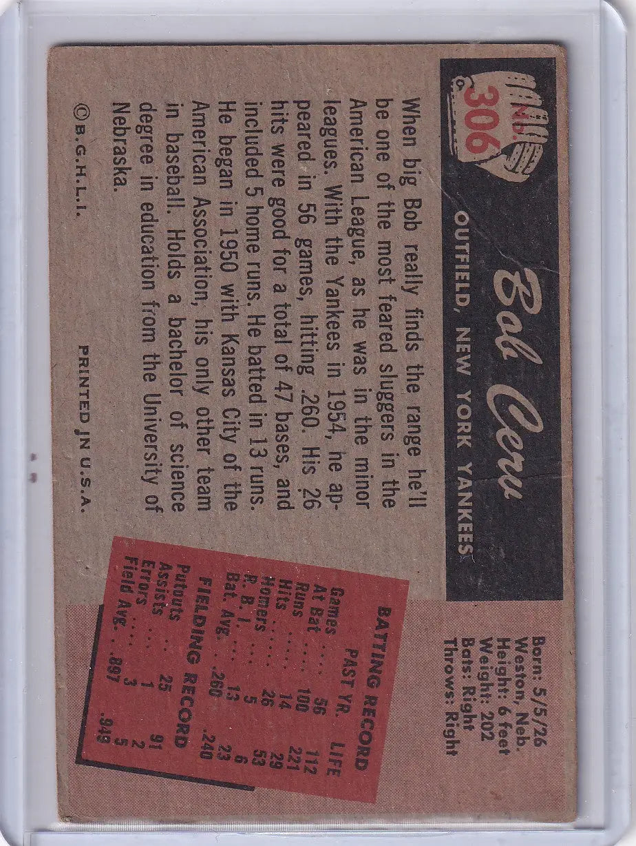 1955 Bowman Baseball #306 Bob Cerv - New York Yankees - Baseball Card Single