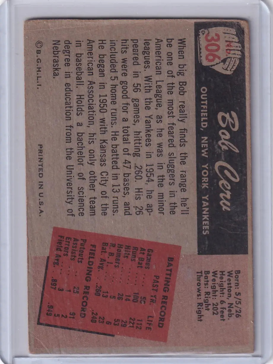 Vintage Bowman Baseball card featuring Bob Cerv of the New York Yankees