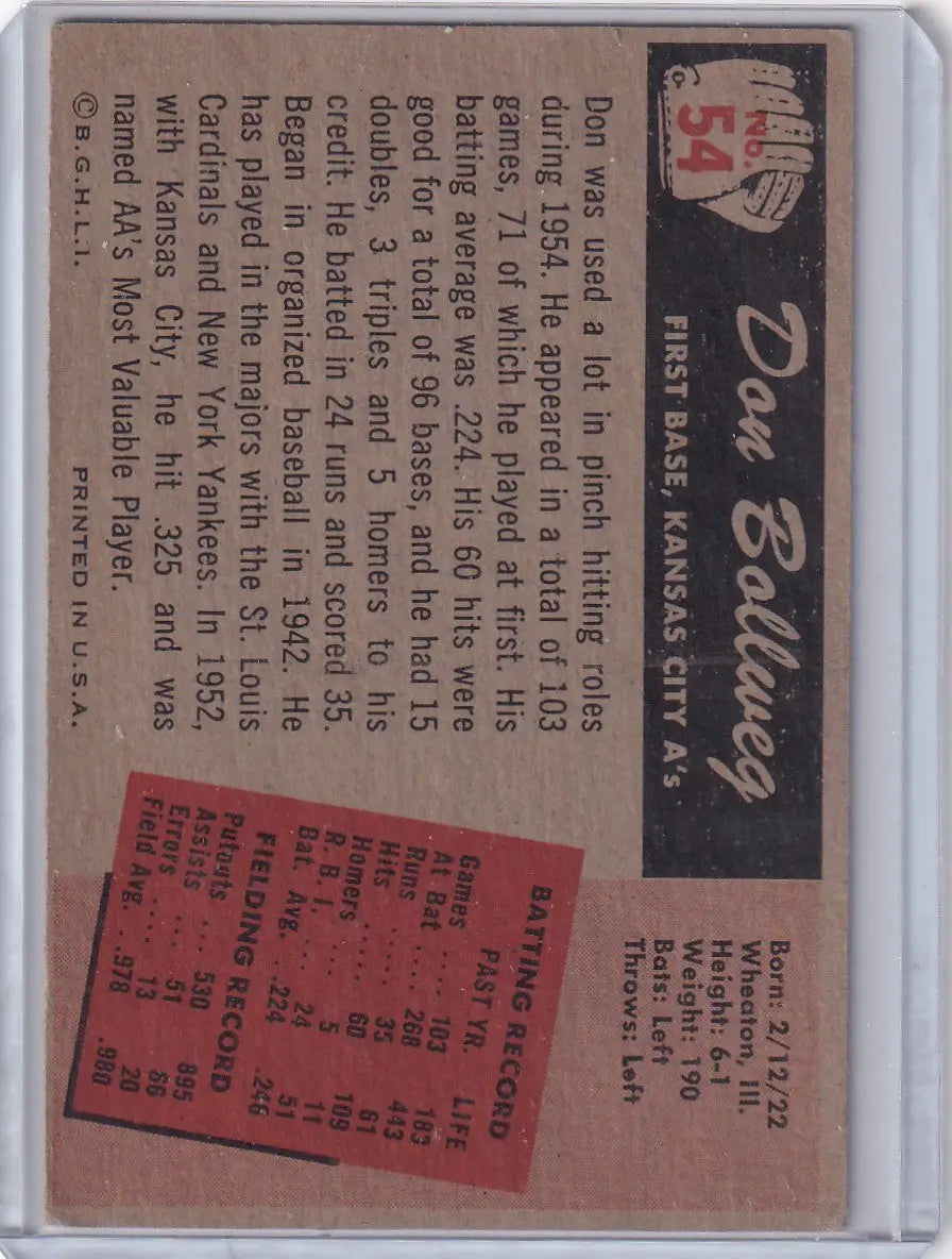1955 Bowman Baseball #54 Don Bollweg - Kansas City Athletics - Baseball Card Single