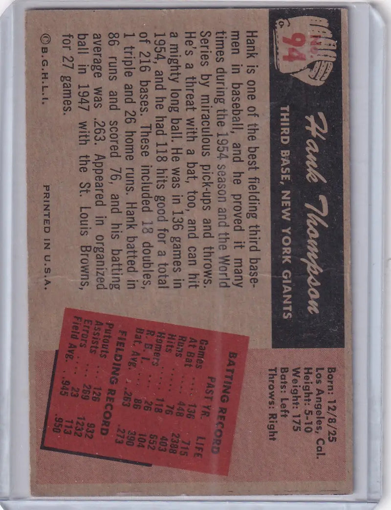1955 Bowman Baseball #94 Hank Thompson - New York Giants - Baseball Card Single