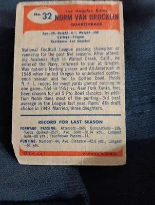 1955 Bowman - Norm Van Brocklin #32. LA Rams. Paper loss. Overall wear. GD-VG
