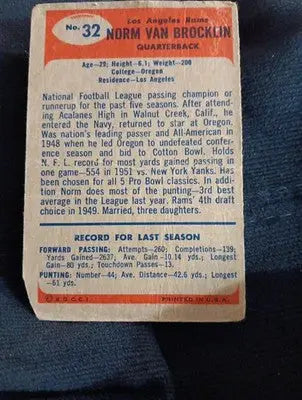 1955 Bowman - Norm Van Brocklin #32. LA Rams. Paper loss. Overall wear. GD-VG